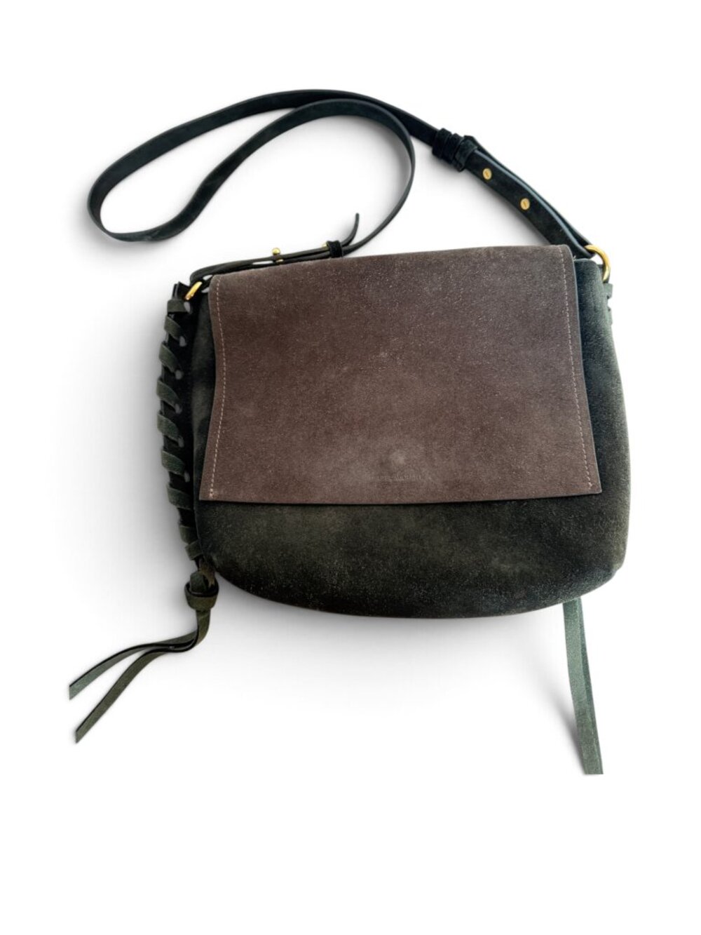 Isabel Marant Asli Two-Tone Suede Whipstitch Crossbody Shoulder Bag Black Brown